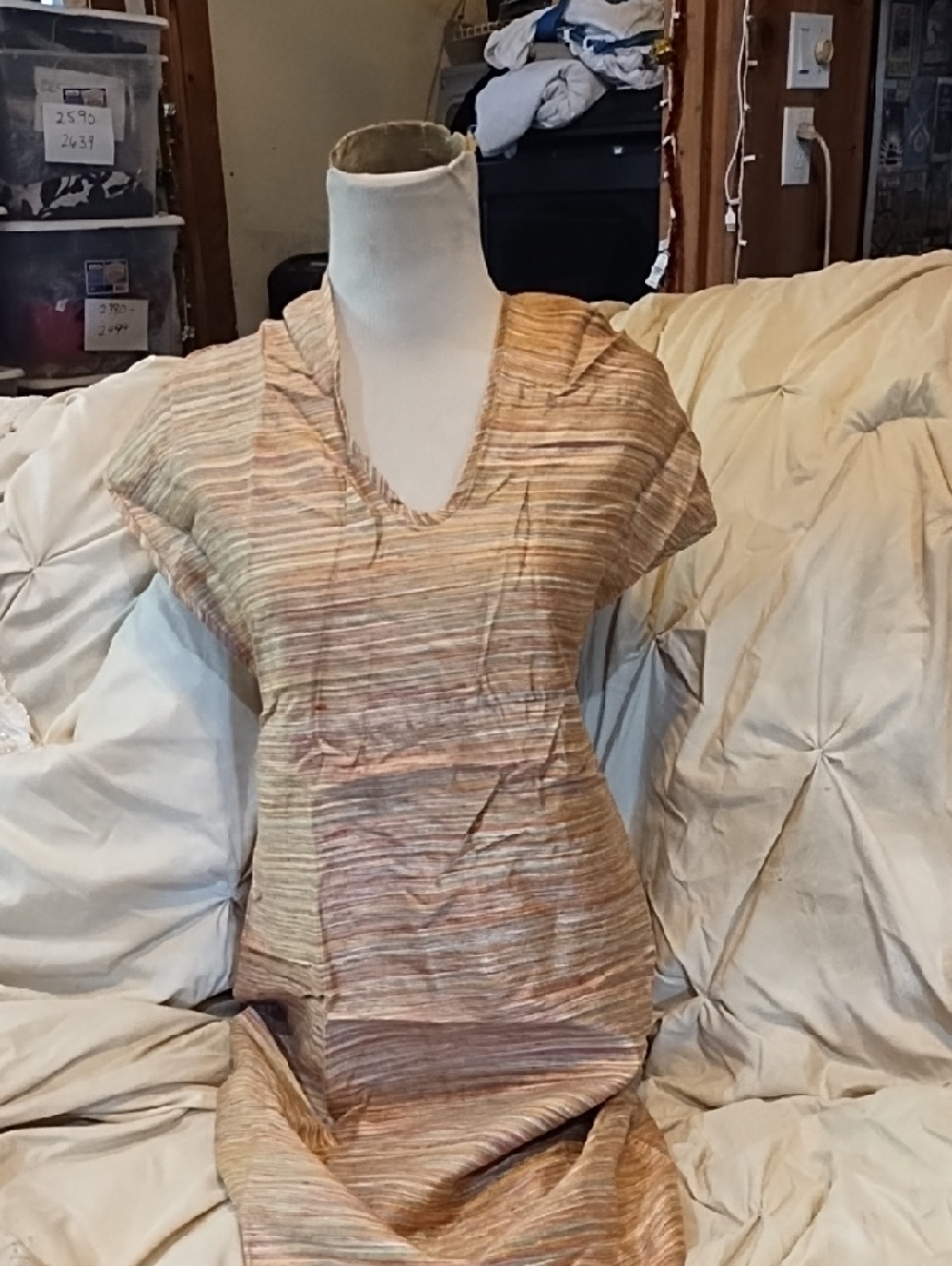 Women’s Short-Sleeve V-Neck Silk Striped Dress Multicolor